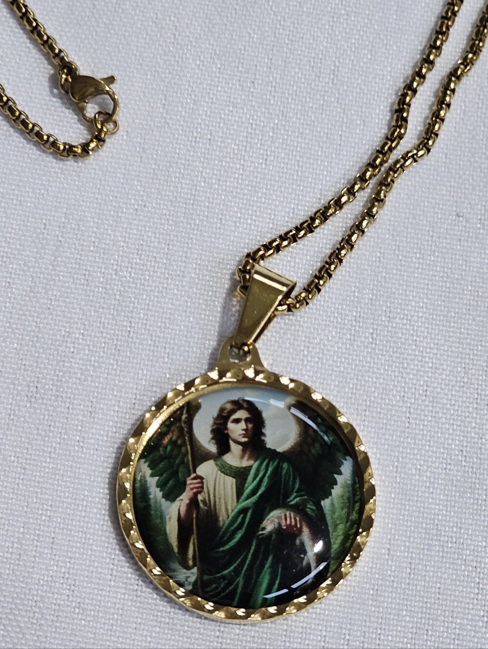 St. Raphael Healing Pendant Gold-Tone Angel Pendant Necklace with Green Robe